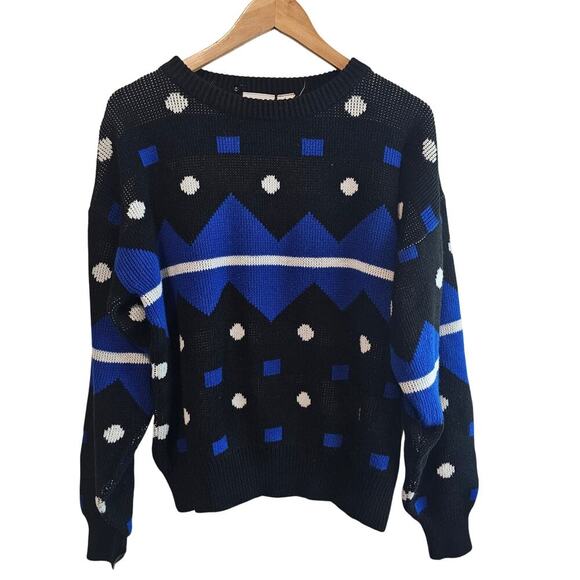 Vintage 80s Sweater Womens Large Black Polka Dot Geometric Knit Glam Rock Retro - Picture 1 of 10
